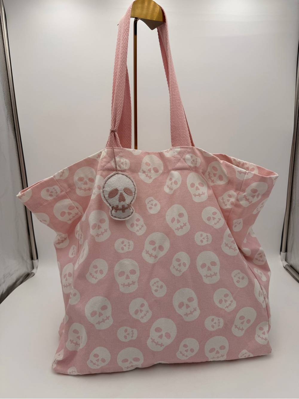 Lg Pink Skull Print Tote Bag - Casual Women's Shoulder Bag